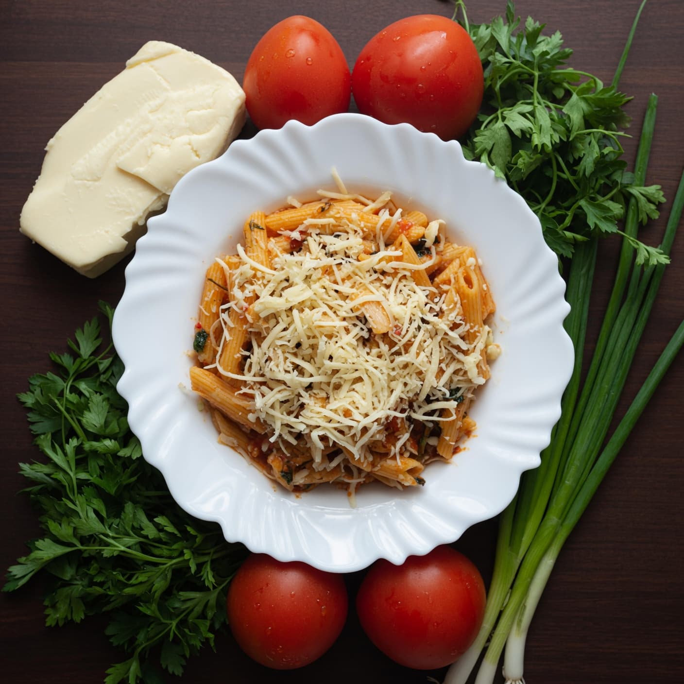 Imagem criada do mesmo prato de penne em uma composição para cardápio