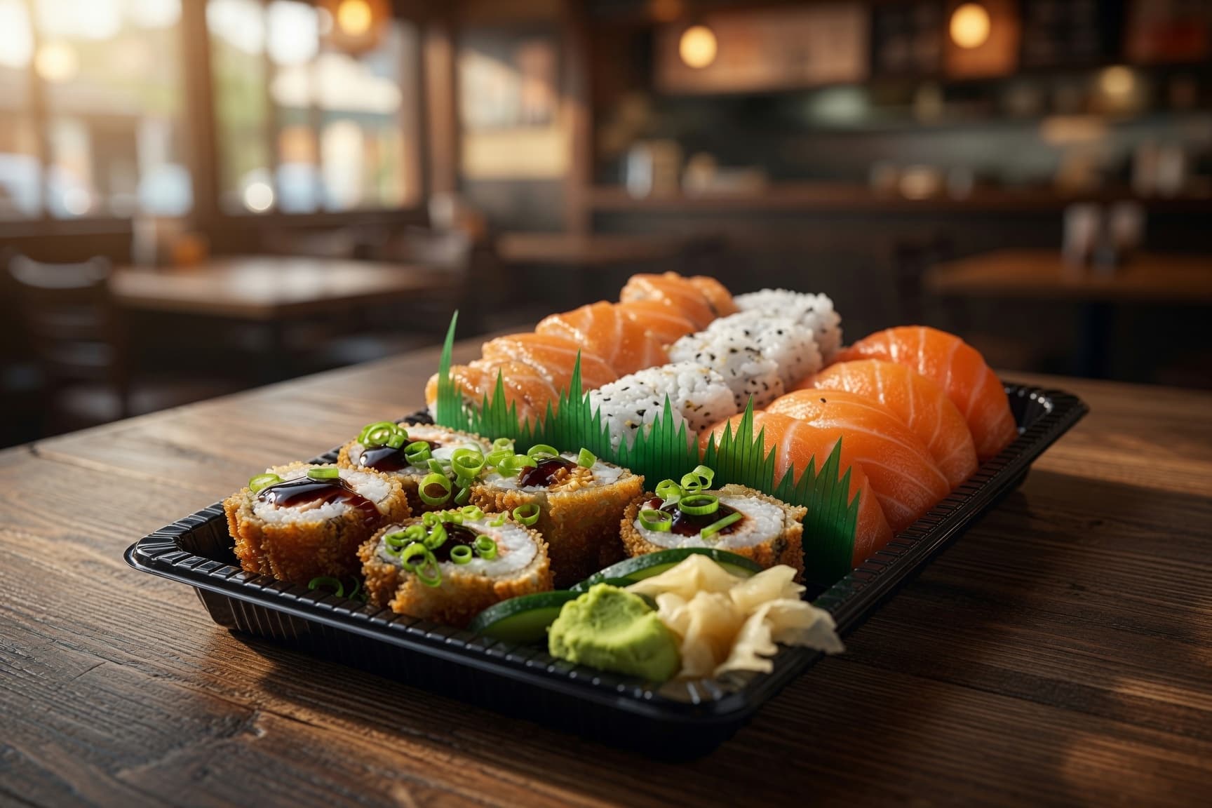 Imagem criada do mesmo combinado de sushi em uma apresentação comercial
